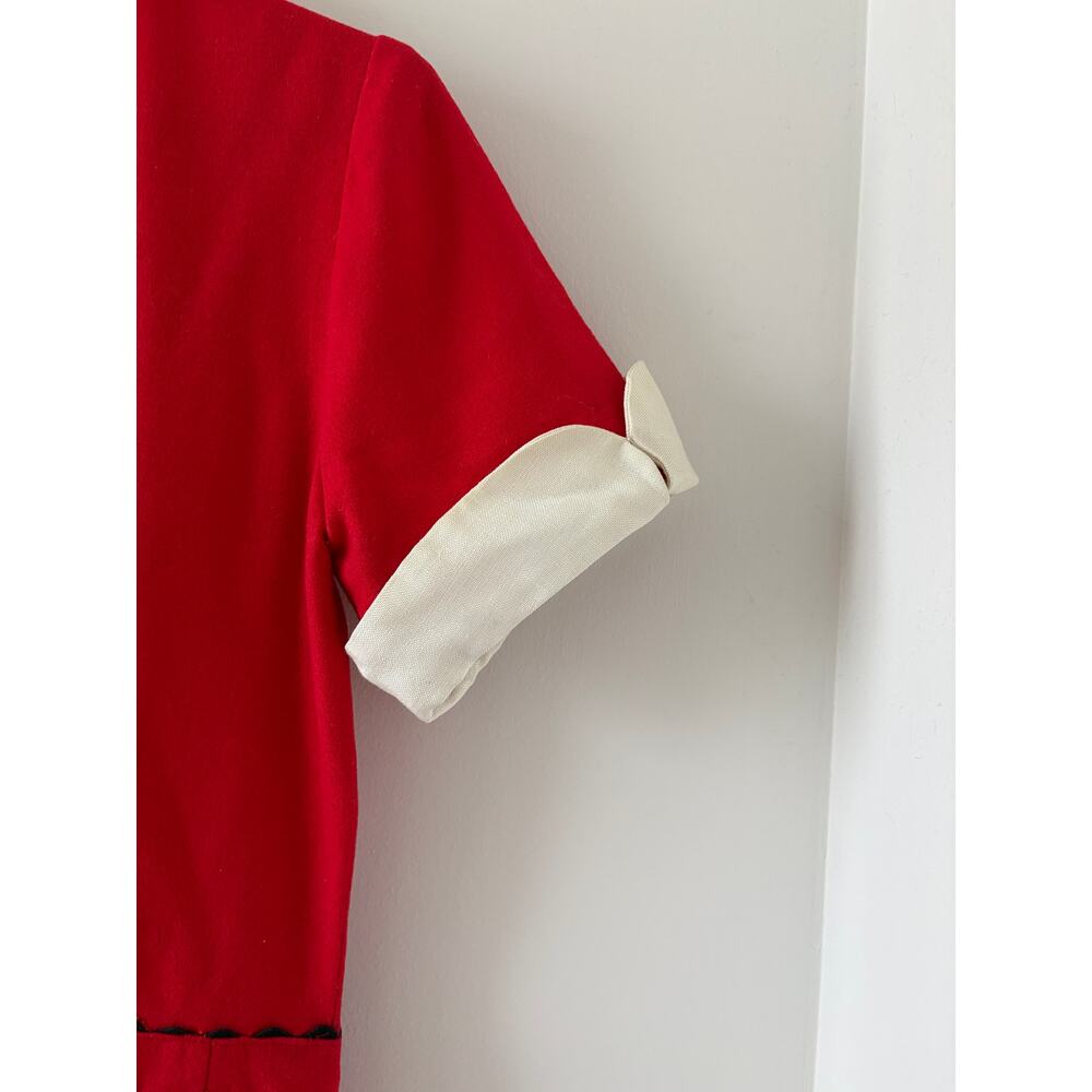 VTG 1960 Red Wool Hostess Jumpsuit Size S Peter Pan Collar Rick Rack - Picture 8 of 9